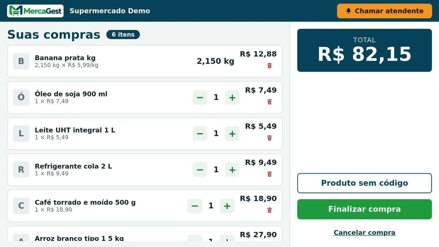 Tela do totem de autoatendimento do MercaGest com a compra em andamento